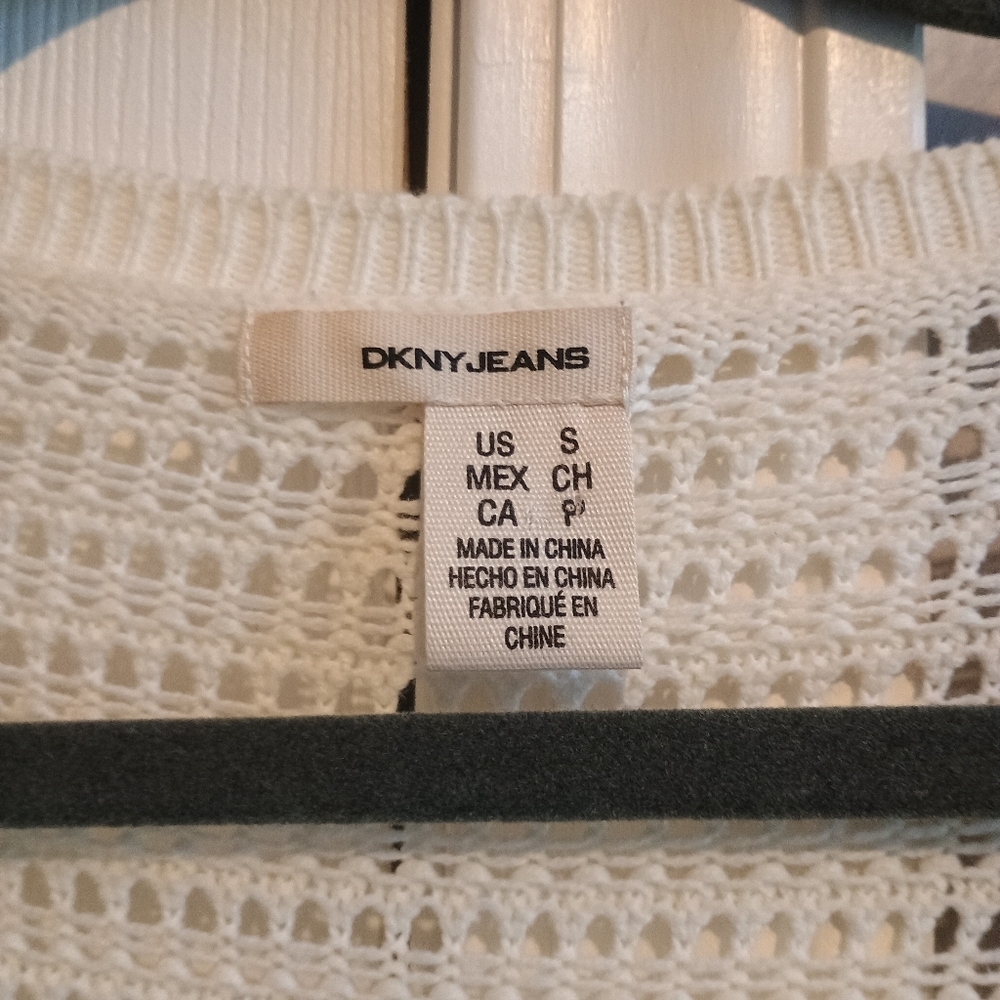 DKNY 100% Cotton Open Weave Cardigan Sz S Long Boho Layering Coastal Grandma‎ - Picture 3 of 12